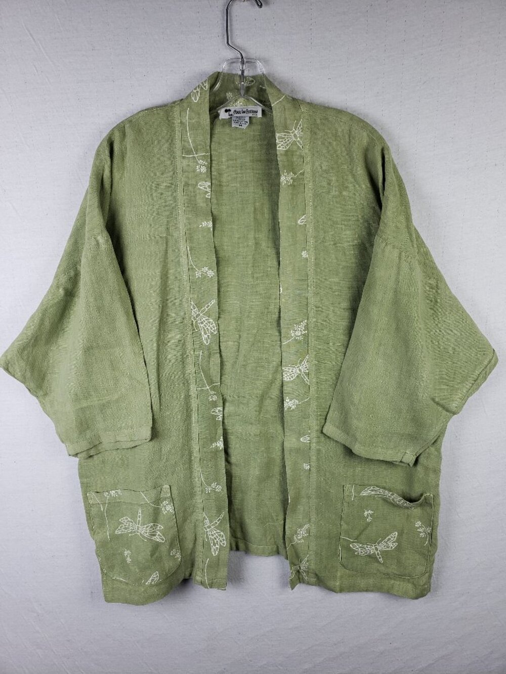 Vintage Cool In Cotton USA Linen Kimono Dragonfly Print Green Oversized size M